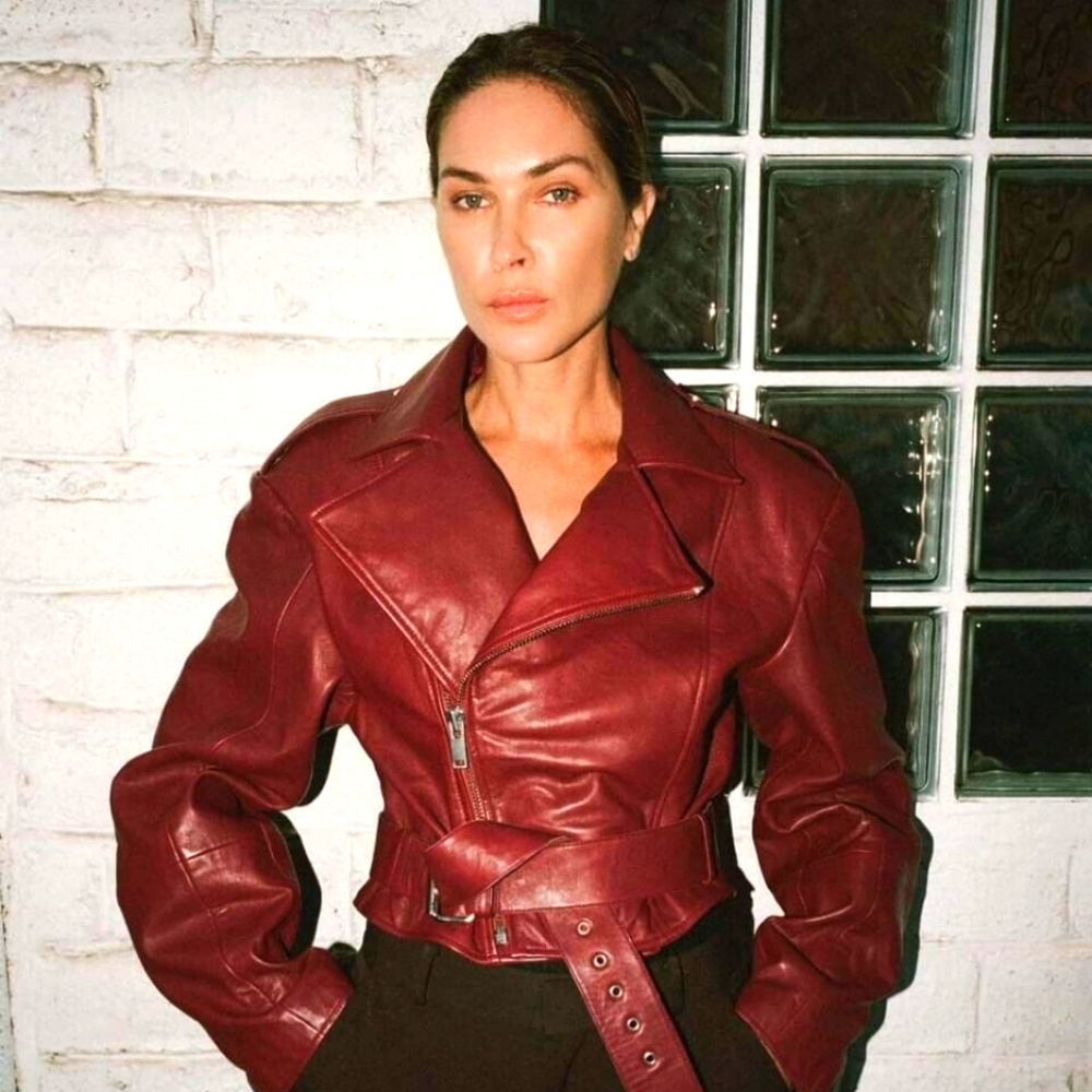 Musier Paris Kelsey Burgundy Red Cropped Leather Jacket